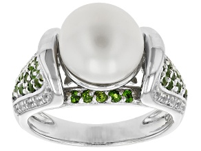 White Cultured Freshwater Pearl, Chrome Diopside and White Zircon Rhodium Over Sterling Silver Ring