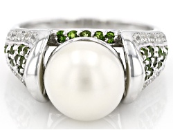 White Cultured Freshwater Pearl, Chrome Diopside and White Zircon Rhodium Over Sterling Silver Ring
