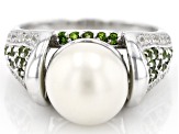 White Cultured Freshwater Pearl, Chrome Diopside and White Zircon Rhodium Over Sterling Silver Ring