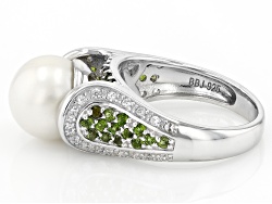 White Cultured Freshwater Pearl, Chrome Diopside and White Zircon Rhodium Over Sterling Silver Ring