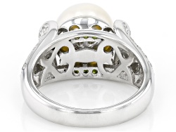 White Cultured Freshwater Pearl, Chrome Diopside and White Zircon Rhodium Over Sterling Silver Ring