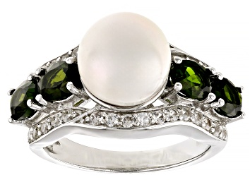Picture of White Cultured Freshwater Pearl, Chrome Diopside and Zircon Rhodium Over Sterling Ring