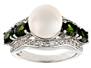 White Cultured Freshwater Pearl, Chrome Diopside and Zircon Rhodium Over Sterling Ring