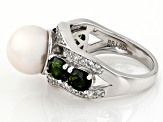White Cultured Freshwater Pearl, Chrome Diopside and Zircon Rhodium Over Sterling Ring