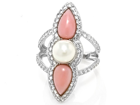 White Cultured Freshwater Pearl and Peruvian Opal Rhodium Over Sterling Silver Ring