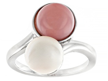 Picture of White Cultured Freshwater Pearl and Pink Peruvian Opal Rhodium Over Sterling Silver Ring