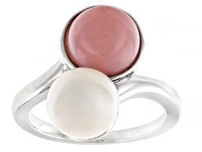 White Cultured Freshwater Pearl and Pink Peruvian Opal Rhodium Over Sterling Silver Ring