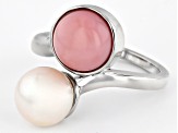 White Cultured Freshwater Pearl and Pink Peruvian Opal Rhodium Over Sterling Silver Ring