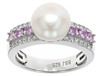 Picture of White Cultured Freshwater Pearl With Pink Sapphire &White Zircon Rhodium Over Sterling Silver Ring