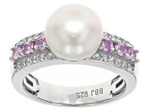 White Cultured Freshwater Pearl With Pink Sapphire &White Zircon Rhodium Over Sterling Silver Ring