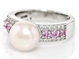 White Cultured Freshwater Pearl With Pink Sapphire &White Zircon Rhodium Over Sterling Silver Ring