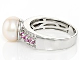 White Cultured Freshwater Pearl With Pink Sapphire &White Zircon Rhodium Over Sterling Silver Ring