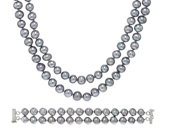 Picture of Platinum Cultured Freshwater Pearl Rhodium Over Sterling Silver 2-Strand Bracelet and Necklace Set