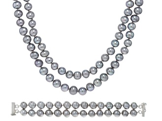 Platinum Cultured Freshwater Pearl Rhodium Over Sterling Silver 2-Strand Bracelet and Necklace Set