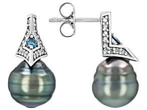 Cultured Tahitian Pearl with 0.27ctw Blue and White Diamonds Rhodium Over 14k White Gold Earrings