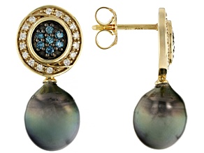 Cultured Tahitian Pearl with 0.29ctw Blue and White Diamond 14k Yellow Gold Earrings