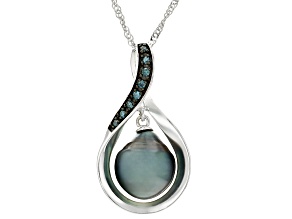 Black Cultured Tahitian Pearl and Blue Diamond Rhodium Over 14k White Gold Pendant with Chain