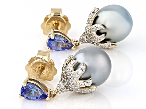 Platinum Cultured Tahitian Pearl, Tanzanite, and Diamond 14k White Gold Earrings