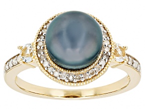 Platinum Cultured Tahitian Pearl, White Topaz and Diamond 14k Yellow Gold Ring