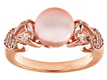 Picture of Pink Cultured Freshwater Pearl with Morganite & White Zircon 18k Rose Gold Over Silver Ring