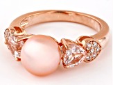 Pink Cultured Freshwater Pearl with Morganite & White Zircon 18k Rose Gold Over Silver Ring