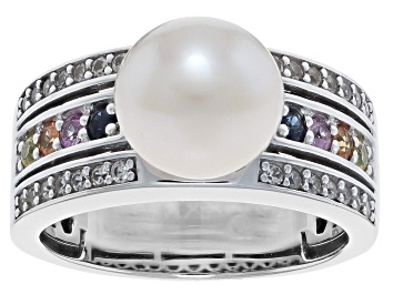 Picture of White Cultured Freshwater Pearl with Multi-Color Sapphire & White Zircon Rhodium Over Sterling Ring