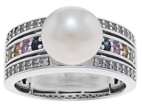 White Cultured Freshwater Pearl with Multi-Color Sapphire & White Zircon Rhodium Over Sterling Ring