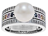 White Cultured Freshwater Pearl with Multi-Color Sapphire & White Zircon Rhodium Over Sterling Ring