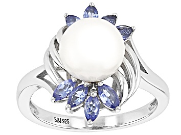 Picture of White Cultured Freshwater Pearl and 0.64ctw Tanzanite Rhodium Over Sterling Silver Ring