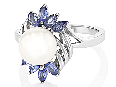 White Cultured Freshwater Pearl and 0.64ctw Tanzanite Rhodium Over Sterling Silver Ring