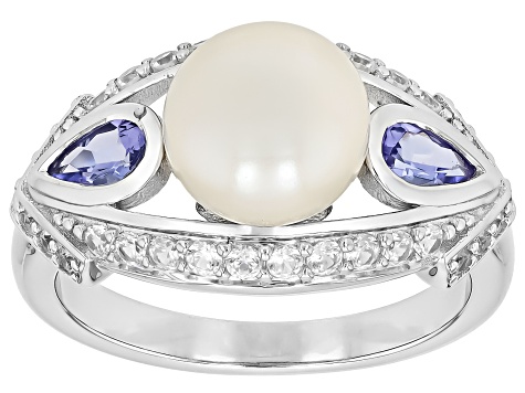 White Cultured Freshwater Pearl, Tanzanite and White Zircon Rhodium Over Sterling Silver Ring