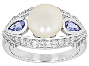 White Cultured Freshwater Pearl, Tanzanite and Zircon Rhodium Over Sterling Silver Ring
