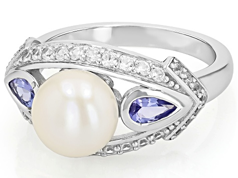 White Cultured Freshwater Pearl, Tanzanite and White Zircon Rhodium Over Sterling Silver Ring