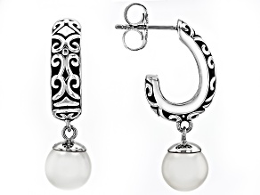 White Cultured Freshwater Pearl Rhodium Over Sterling Silver Oxidized Earrings