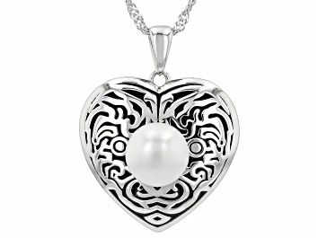 Picture of White Cultured Freshwater Pearl Rhodium Over Sterling Silver Oxidized Heart Pendant