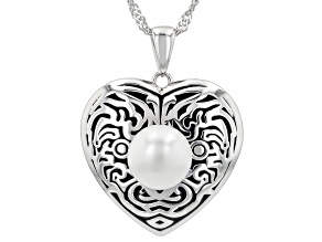 White Cultured Freshwater Pearl Rhodium Over Sterling Silver Oxidized Heart Pendant