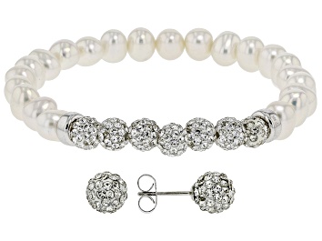 Picture of White Cultured Freshwater Pearl & White Crystal Rhodium Over Silver Bracelet and Earring Set