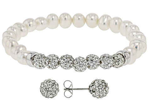 White Cultured Freshwater Pearl & White Crystal Rhodium Over Silver Bracelet and Earring Set
