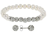 White Cultured Freshwater Pearl & White Crystal Rhodium Over Silver Bracelet and Earring Set