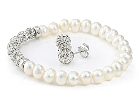 White Cultured Freshwater Pearl & White Crystal Rhodium Over Silver Bracelet and Earring Set