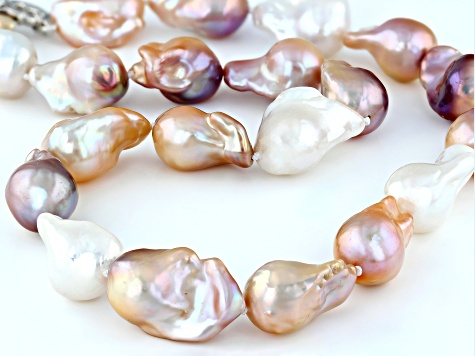 Multi-Color Cultured Freshwater Pearl Rhodium Over Sterling Silver Baroque Necklace