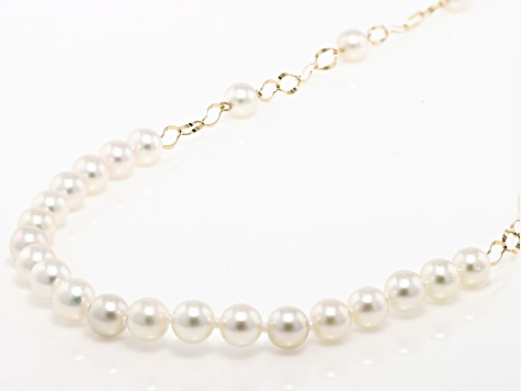 White Cultured Japanese Akoya Pearl 18k Yellow Gold Station Necklace ...