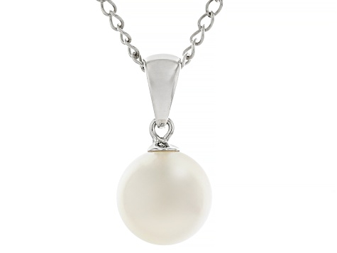 White Cultured Japanese Akoya Pearl Rhodium Over Sterling Silver Pendant with Chain