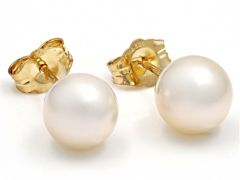 White Cultured Japanese Akoya Pearl 14k Yellow Gold Stud Earrings