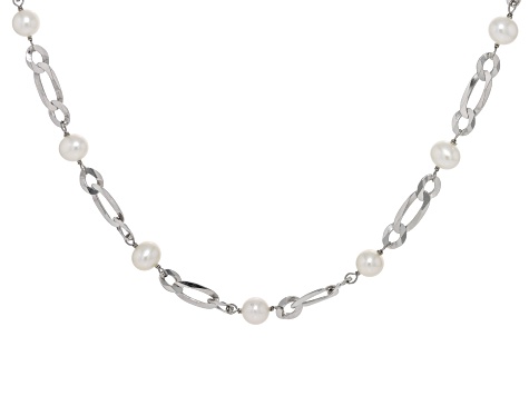 White Cultured Freshwater Pearl Rhodium Over Sterling Silver 18" Station Necklace