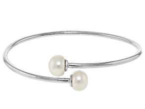 White Cultured Freshwater Pearl Rhodium Over Sterling Silver Bangle Bracelet