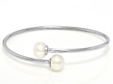 White Cultured Freshwater Pearl Rhodium Over Sterling Silver Bangle Bracelet