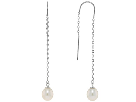 White Cultured Freshwater Pearl Rhodium Over Sterling Silver Earrings