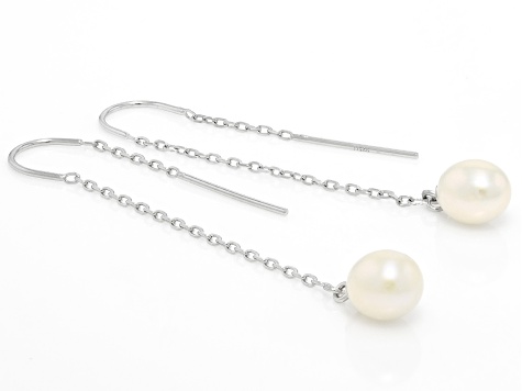 White Cultured Freshwater Pearl Rhodium Over Sterling Silver Earrings