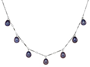 Black Cultured Freshwater Pearl Rhodium Over Sterling Silver Drop Necklace